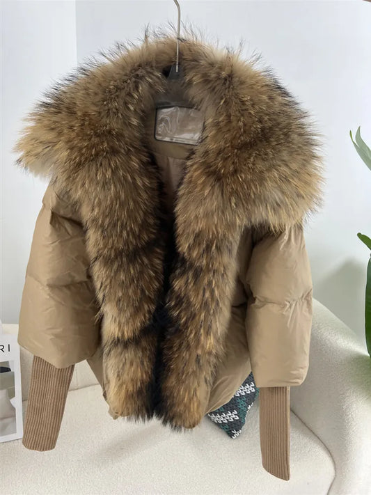 2023 Large Real Silver Fox Fur Collar with Knit Sleeve  Winter Women Coat White Duck Down Jacket Super Fashion Outerwear Luxury